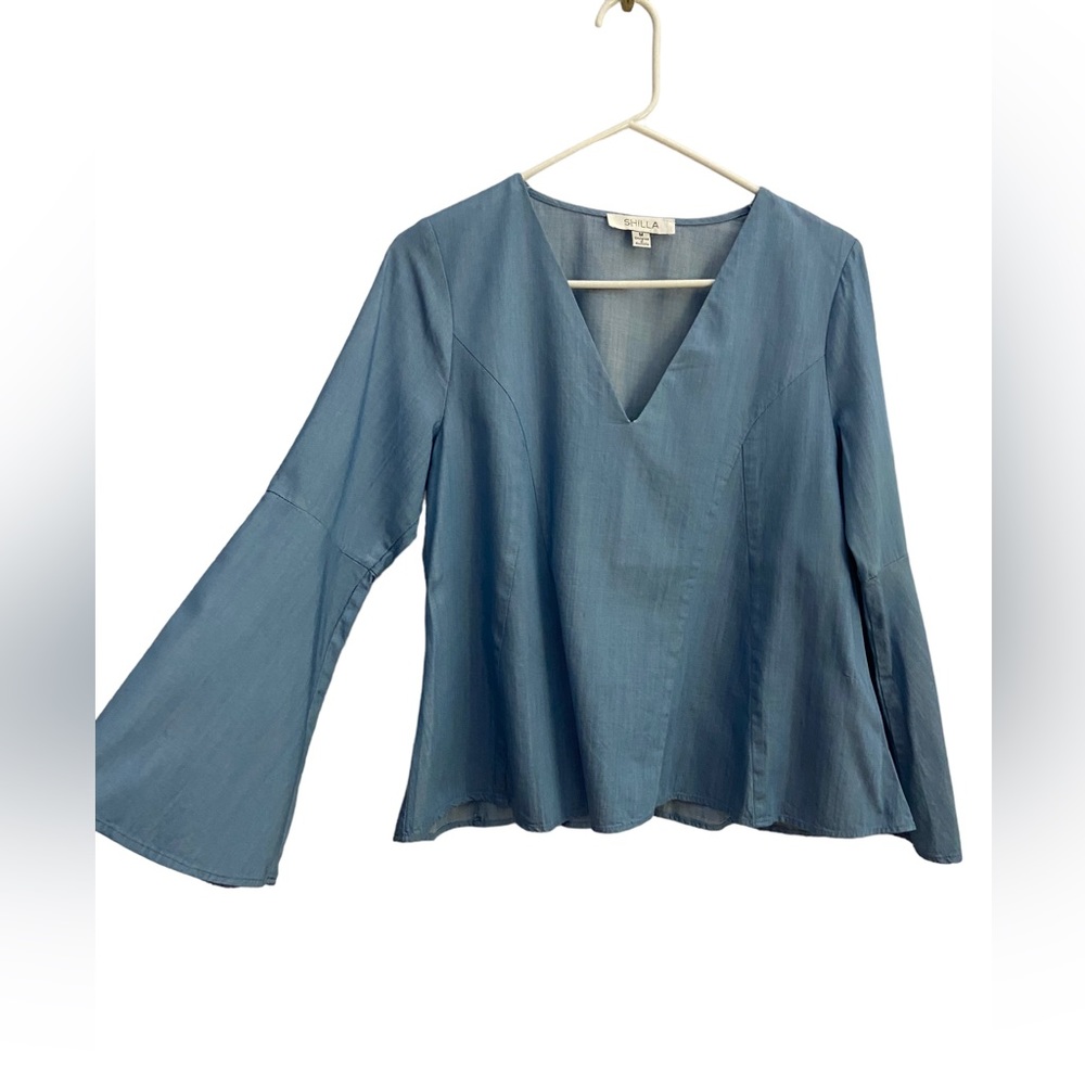 SHILLS the label denim bell sleeve blouse size medium made in Australia